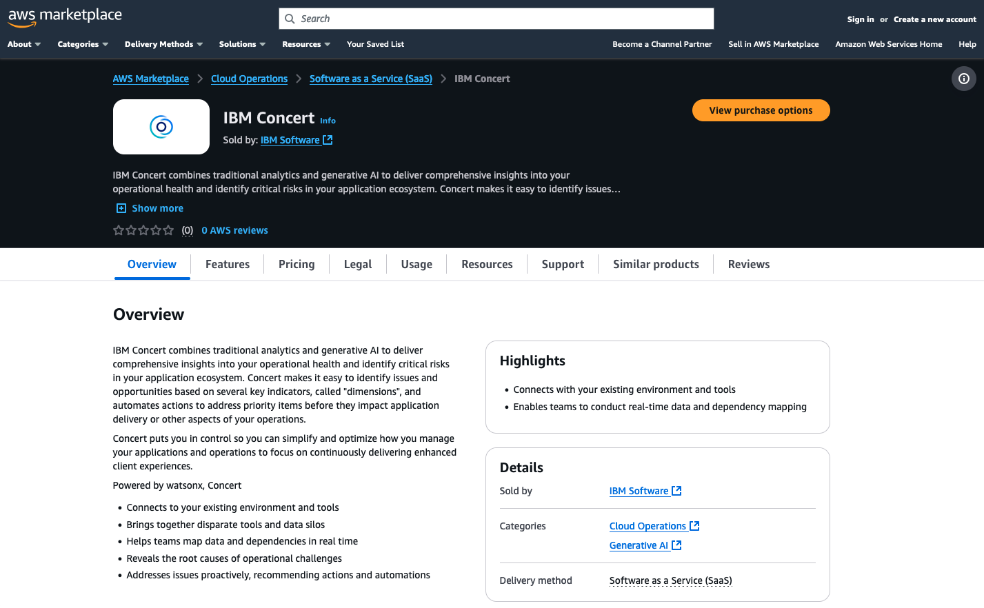 The image is a screenshot of the AWS Marketplace showing the IBM Concert offer available as SaaS.