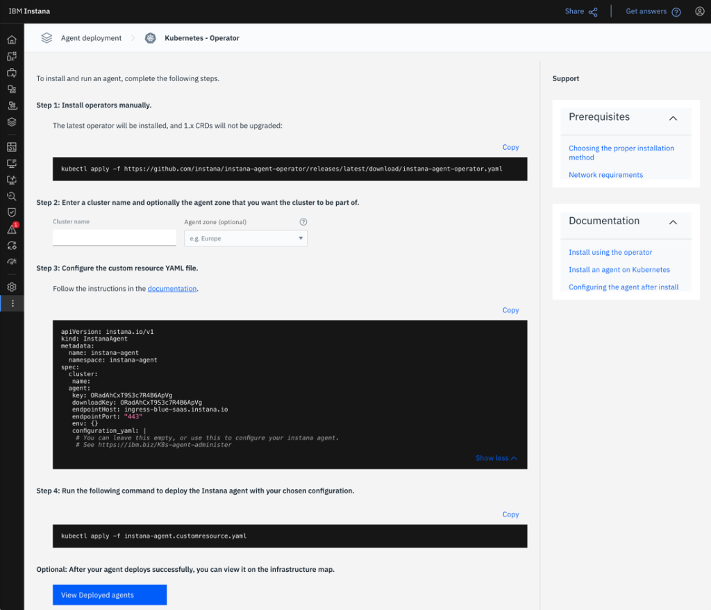 Instana console where you have to enter your Amazon EKS cluster name and copy the customer resource YAML file definition.