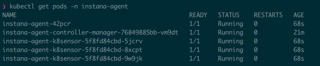From your Amazon EKS bastion host, you can use kubectl to view the Instana Agent pods running on your Amazon EKS cluster.