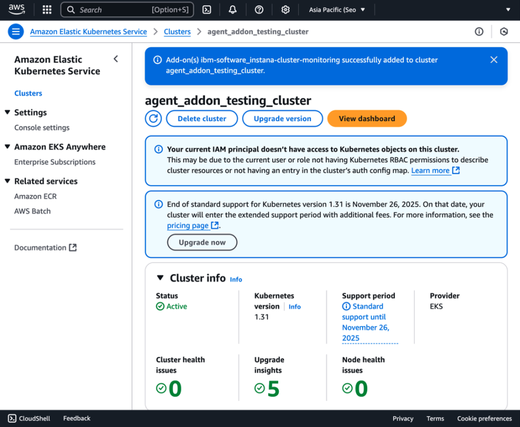 The Amazon EKS console shows a message indicating the successful installation of the Instana add-on in your Amazon EKS cluster.