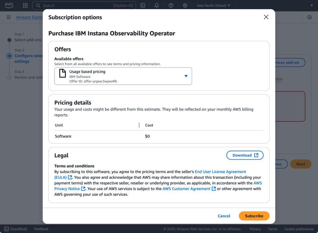 Amazon EKS console showing how to review the options and subscribe to the IBM Instana Observability Operator.