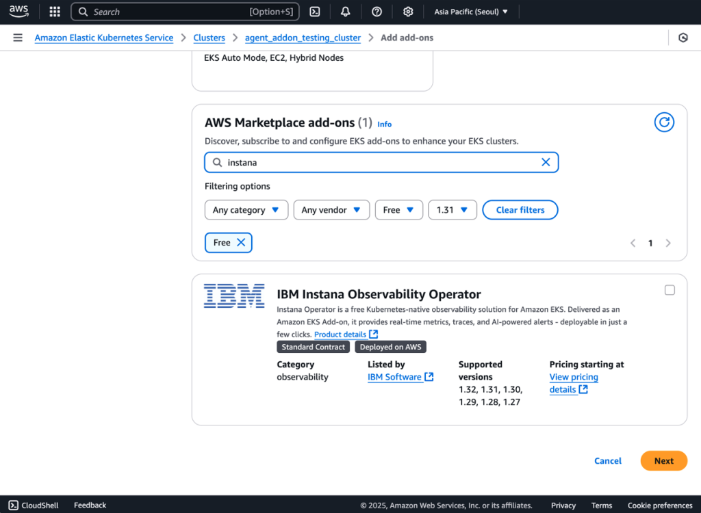 Amazon EKS console shows how to search for Instana in the AWS Marketplace add-ons.