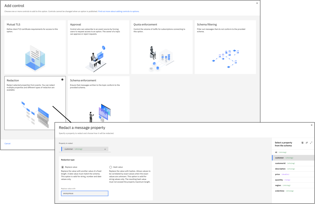 Screenshot showing the controls that topic owners can apply to their topics. There is also an example showing how you can redact a specific property in the message.