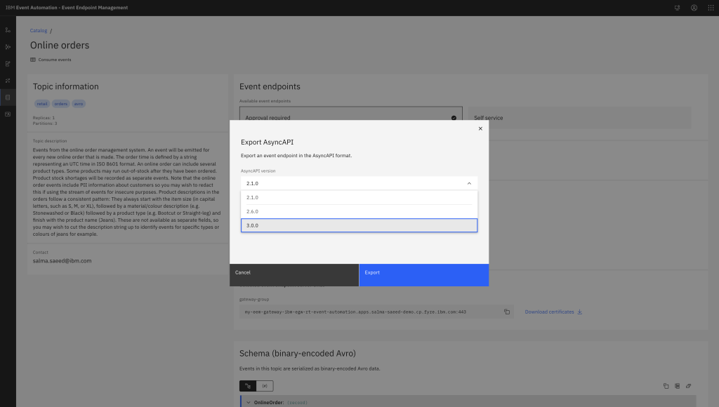 Screenshot from hybrid integration showing that you can export your event endpoint in AsyncAPI format.