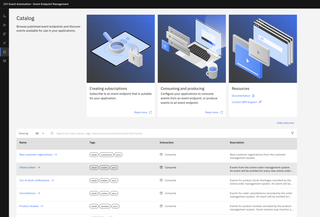 Screenshot showing the catalog feature where developers can look at available event streams in AsyncAPI format.