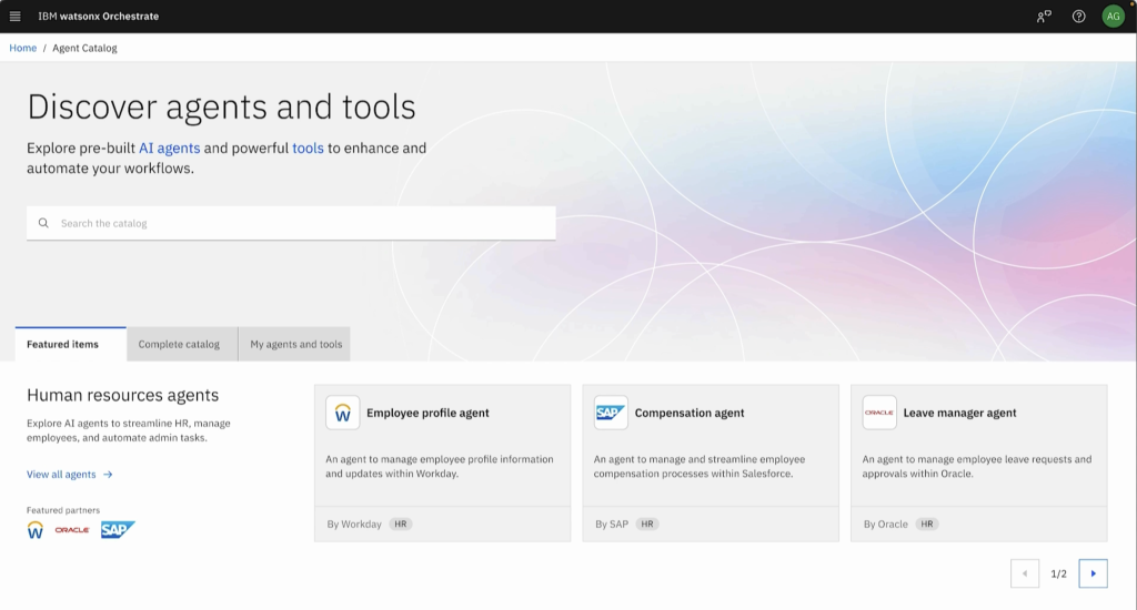 Web interface of IBM watsonx Orchestrate showing how users can discover and AI agents and tools.