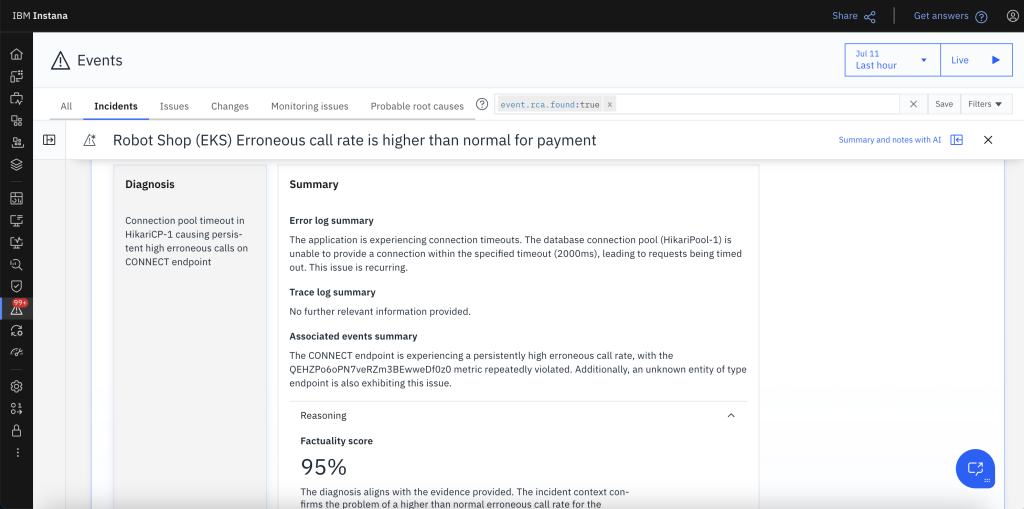 Instana console showing how users can use the AI Agent feature to perform incident investigation.