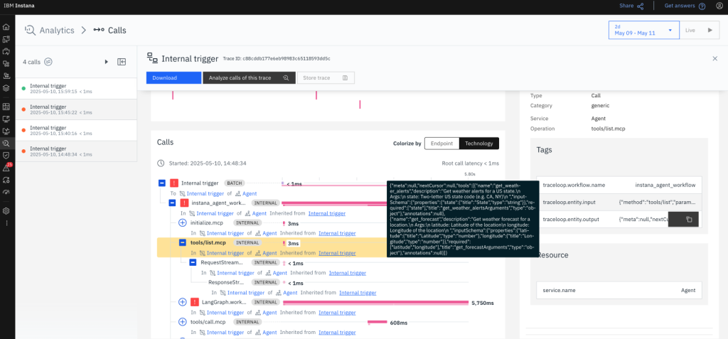 Instana dashboard showing the AI Agent observability capabilities getting the list of tools available in MCP Servers.