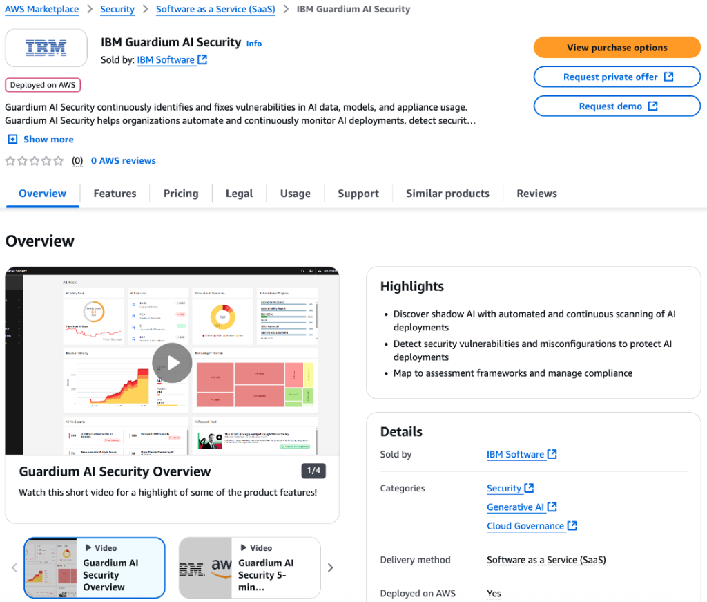AWS Marketplace product page for IBM Guardium AI Security with product description, pricing tiers, and subscription button.