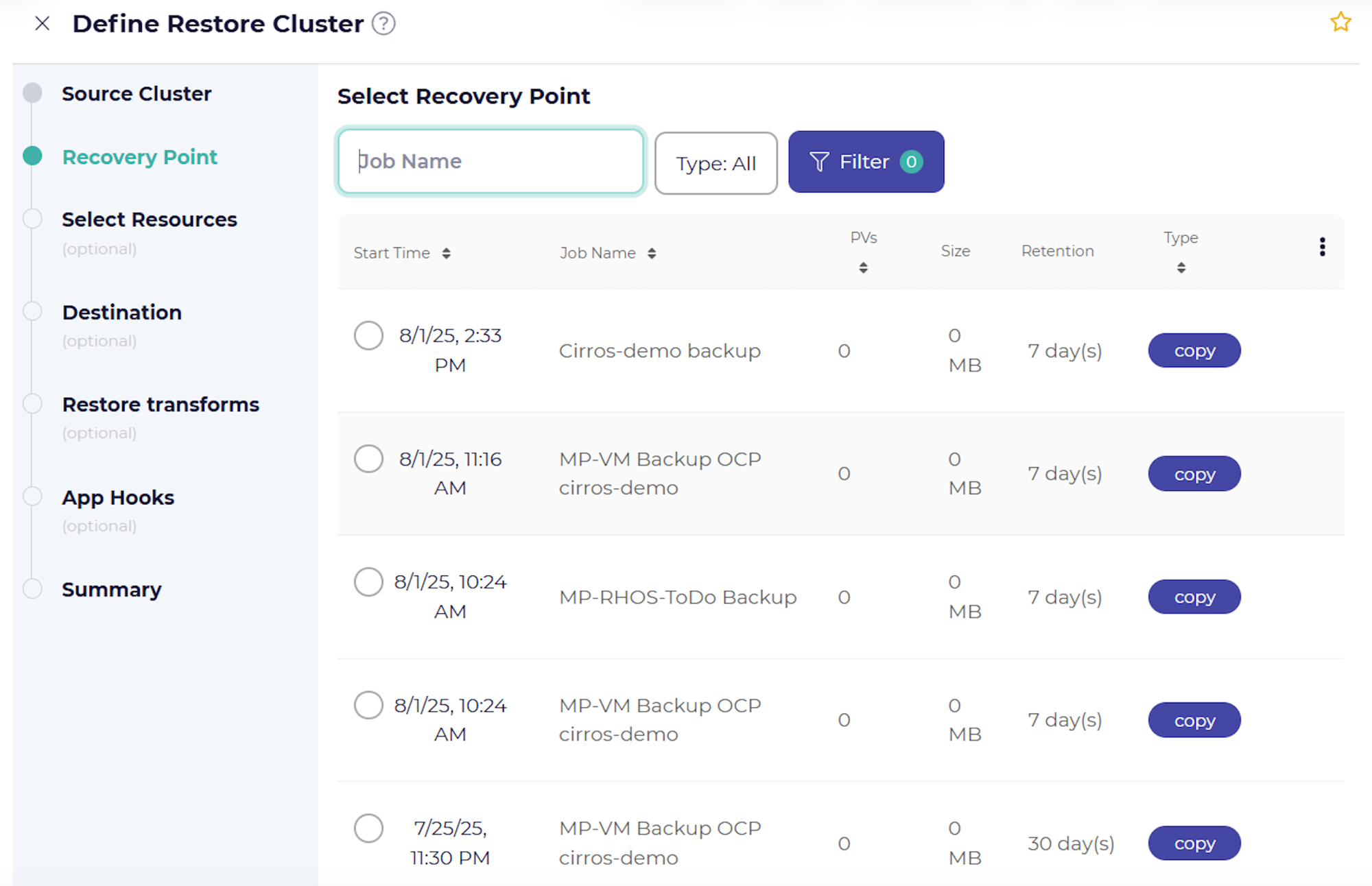 CloudCasa recovery point (snapshot) list