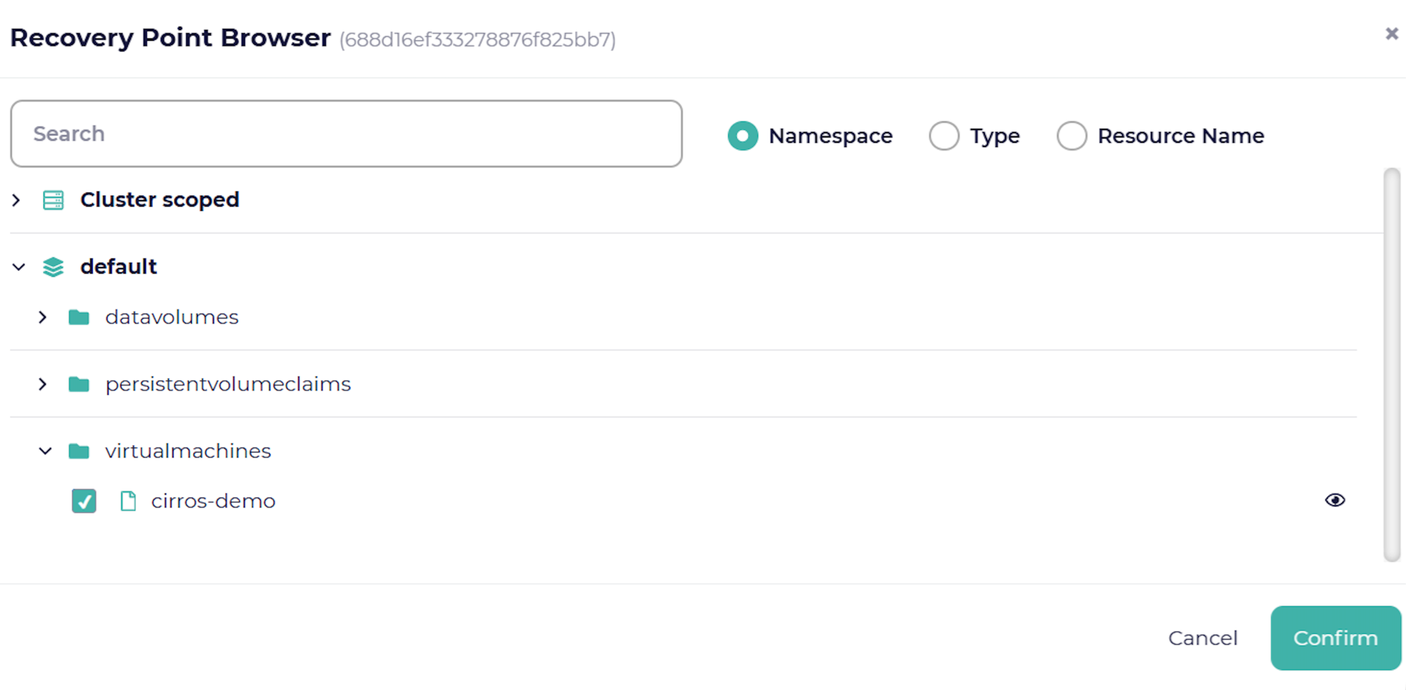 CloudCasa view of the Recover Point Browser