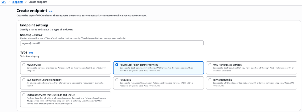 Screenshot of the AWS console for Amazon VPC, showing how to choose the PrivateLink Ready partner services type to setup AWS PrivateLink for Instana.