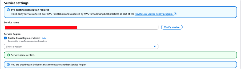 Screenshot of the AWS Console showing the setup of Amazon VPC endpoint Service Settings and Service Name Verification.