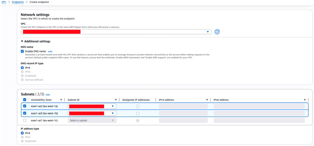 Screenshot of the Amazon VPC console setting up VPC endpoint network configurations.