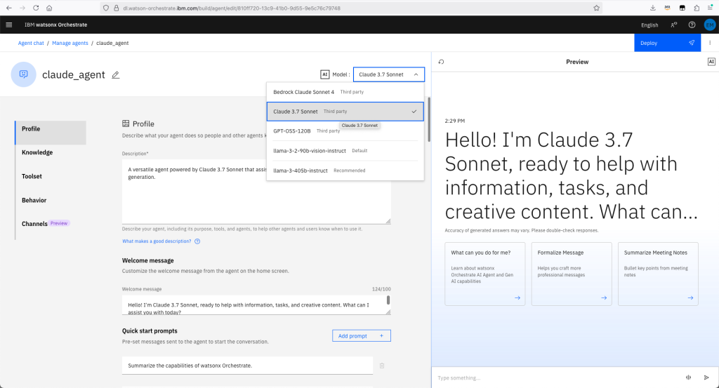 Screenshot of IBM watsonx Orchestrate showing Amazon Bedrock foundation models available in watsonx Orchestrate Agent Builder.