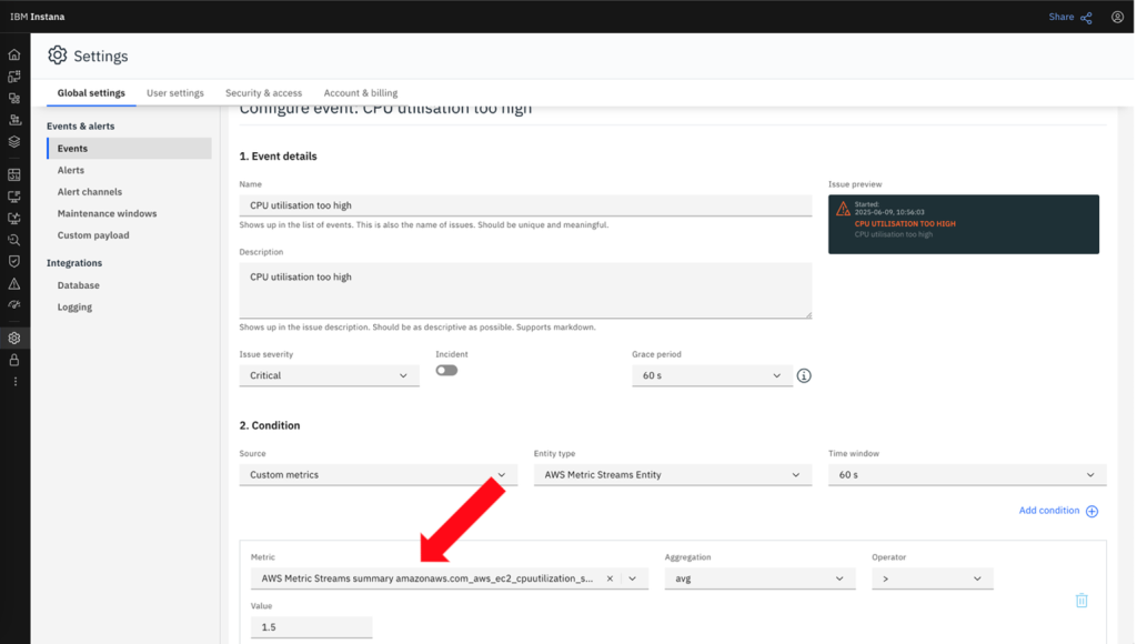 Screenshot of the IBM Instana Infrastructure dashboard showing a triggered alert labeled ‘CPU utilization too high’ for an AWS EC2 instance entity. The issue card displays the event start time and links directly to the affected AWS Metric Streams entity for root-cause investigation