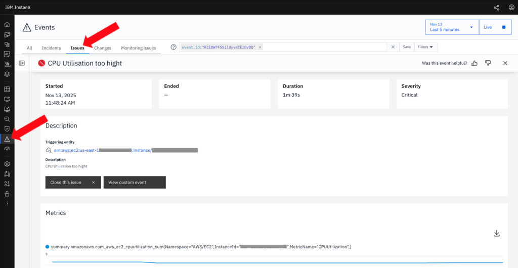 Screenshot of the IBM Instana event details page displaying a triggered alert titled ‘CPU utilization too high.’ The page shows event metadata—including start time, duration, and severity—alongside a description, links to affected entities, and a metrics chart visualizing CPU utilization over time