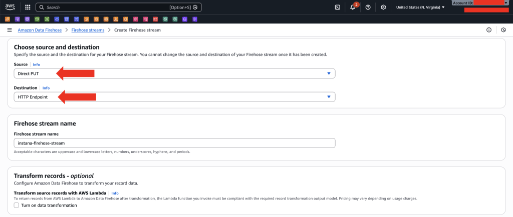 Screenshot of the Amazon Data Firehose console showing the service overview page with the ‘Create Firehose stream’ button highlighted on the right and a diagram explaining how Firehose ingests, transforms, and delivers data in real time.