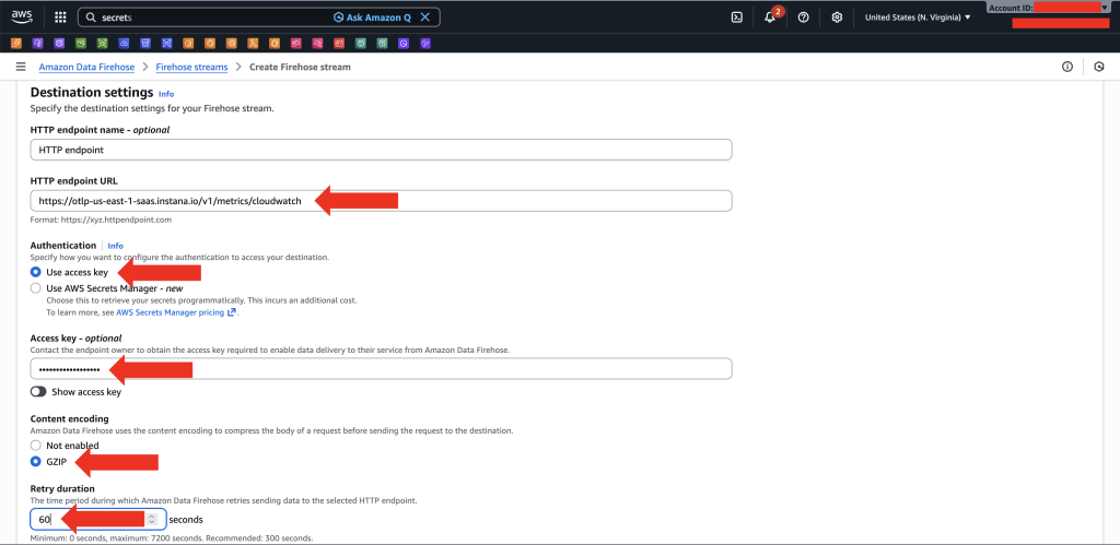 Screenshot of the Amazon Data Firehose console showing the Destination settings page for creating a Firehose stream. The HTTP endpoint URL field is filled with an Instana endpoint, authentication is set to use an AWS Secrets Manager key, GZIP content encoding is selected, and the retry duration is configured to 60 seconds.