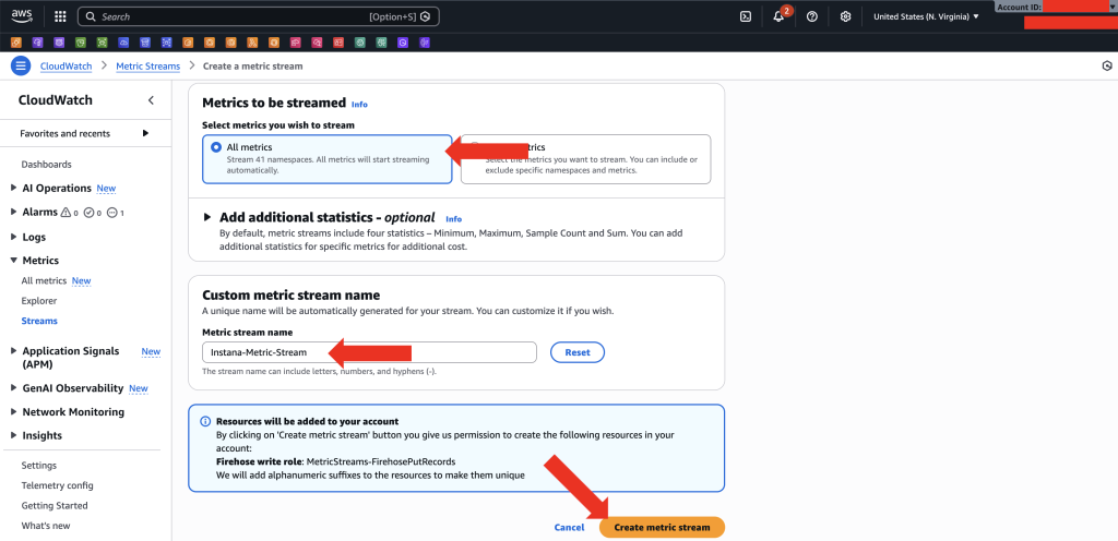 Screenshot of the Amazon CloudWatch console showing the Metrics to be streamed section during metric stream creation, with ‘All metrics’ selected for full coverage, a custom stream name entered as ‘Instana-Stream,’ and configuration details displayed before finalizing the setup.