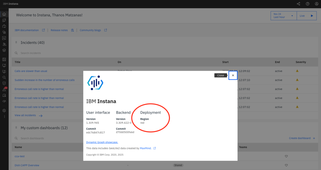 Instana dashboard with an open “About Instana” dialog showing deployment details. The dialog highlights the “Deployment region” field—circled in red—indicating the user’s Instana region (for example, blue, red, green, or coral).
