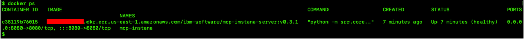 Terminal output showing docker ps command results with Instana MCP server container running on port 8080.