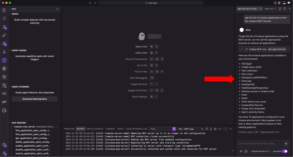 Kiro chat interface showing AI response with list of Instana applications retrieved via MCP tool.