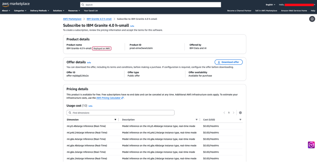 The image shows AWS Marketplace page, from where customers can review the details of IBM Granite 4.0 h-small model and choose to subscribe to the model to later deploy to Amazon SageMaker AI.