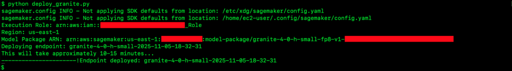 The image shows a Linux terminal with the output of the Python code used to deploy IBM Granite 4.0 h-small from AWS Marketplace into an Amazon SageMaker AI inference endpoint. The output shows the details of the endpoint and model package ARN.