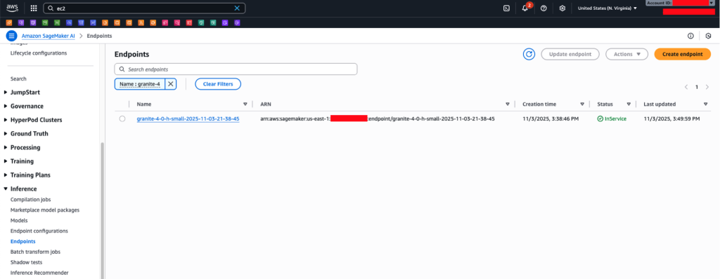 The image shows the Amazon SageMaker AI console displaying endpoint list with Granite endpoint status as InService.