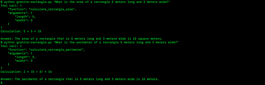 The image shows a Linux terminal with the sample Python code output for three-stage tool calling workflow, with tool call generation, function execution, and natural language response generation.