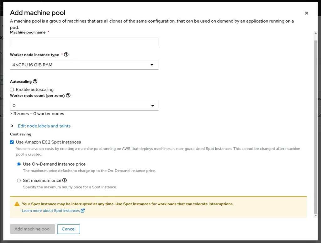 OpenShift Cluster Manager’s ROSA Machine Pool Configuration screen containing options to configure a name for the machine pool, instance types, and autoscaling.