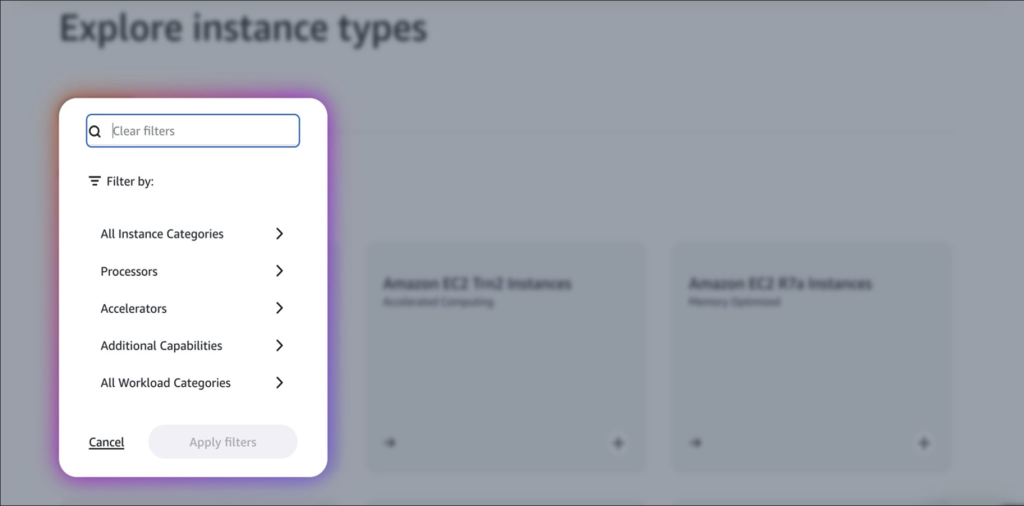 The Amazon EC2 Instance Type Explorer’s filter tab, showing options to select instance categories, processor types, accelerators, and specialized capabilities.