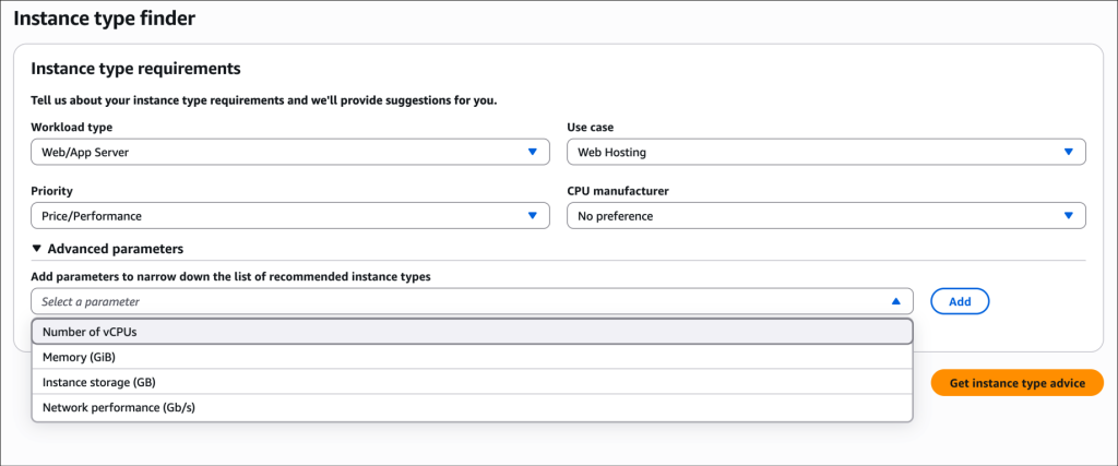 The EC2 Instance Type Finder in the AWS Web Console showing options to list instances by workload type, use case, priority and CPU manufacturer, as well as advanced options such as number of vCPUs, memory (GiB), instance storage (GB), and network performance (GB/s)