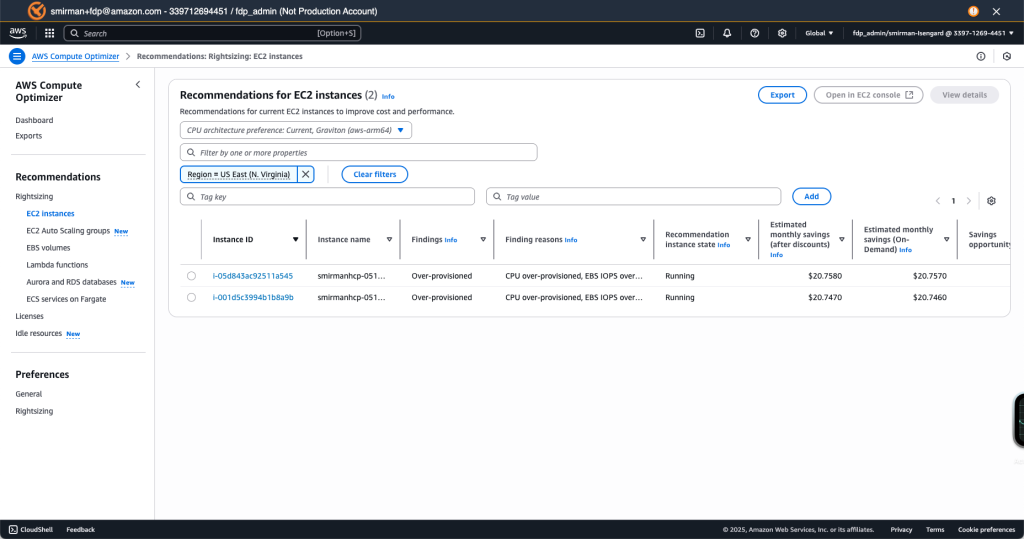 Displays the AWS Compute Optimizer within the AWS Web Console showing recommendations to rightsize two deployed instances with estimated monthly savings.