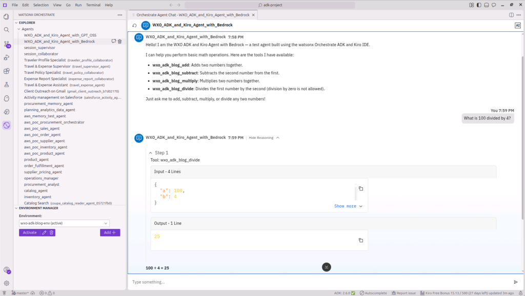 Kiro chat panel showing a conversation with the WXO ADK and Kiro Agent with Bedrock performing a math operation.