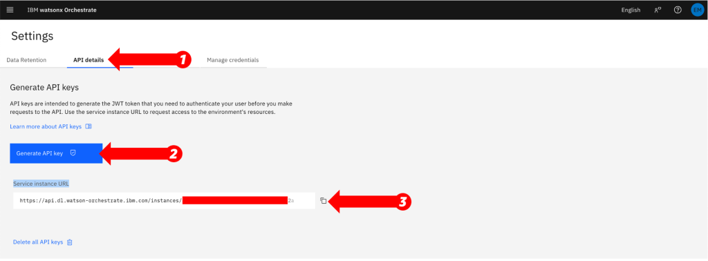 IBM watsonx Orchestrate Settings page showing the API details tab with Generate API key button and Service instance URL field.