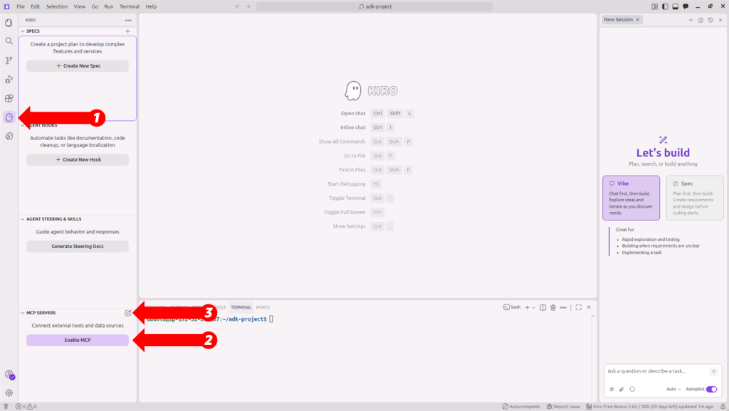 Kiro settings panel displaying the MCP SERVERS section with Enable MCP button and pencil icon for editing configuration.