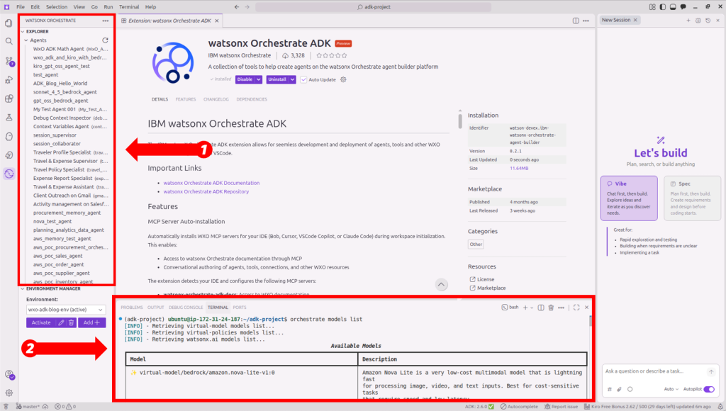 Kiro terminal output listing available Amazon Bedrock models after a successful watsonx Orchestrate connection.