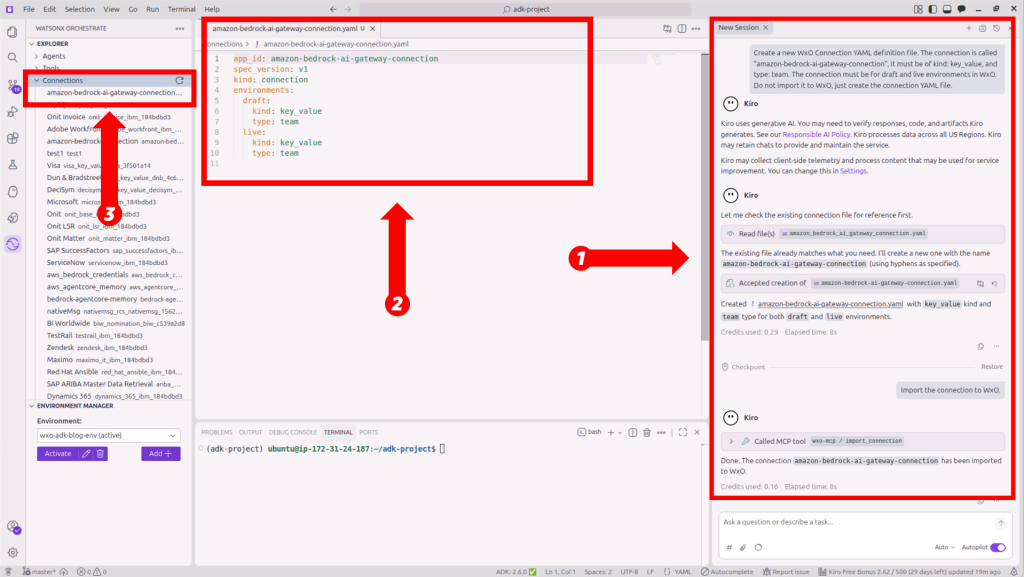 Kiro chat and Explorer panels showing a newly created Amazon Bedrock connection YAML file for watsonx Orchestrate.
