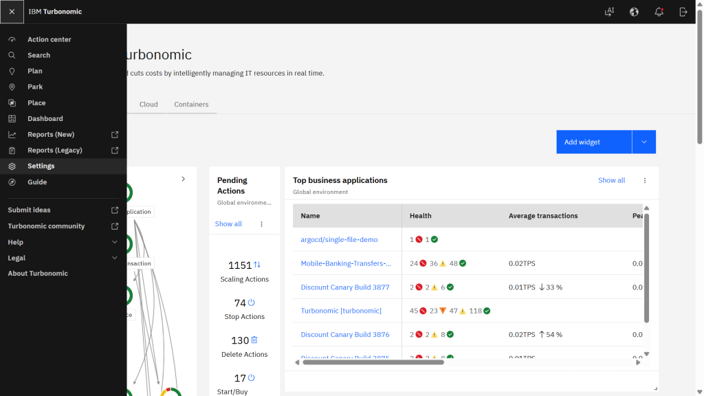 IBM Turbonomic navigation menu expanded with Settings visible alongside other menu options.