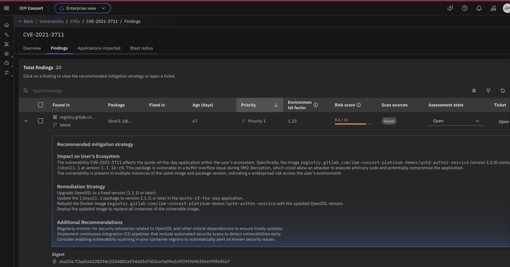 IBM Concert interface showing the Findings view for CVE‑2021‑3711. The page header lists tabs for Overview, Findings, Applications impacted, and Blast radius. A summary indicates Total findings: 20. Below, a table shows affected components with columns for where found, package, fixed version, age in days, priority, environmental factor, risk score, assessment state, and ticket status. One expanded finding displays a detailed panel titled ‘Recommended mitigation strategy,’ including sections on impact on the user’s ecosystem, remediation strategy, and additional recommendations, followed by a digest reference.