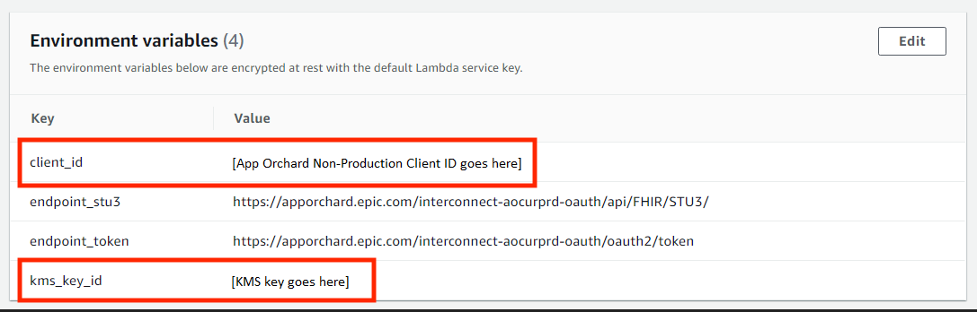 For demonstration purposes, use your unique client_id and kms_key_id as environment variables. In production, store these in AWS Secrets Manager.
