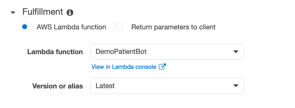 Update each of the bots’ intents to use our Lambda function as the fulfillment