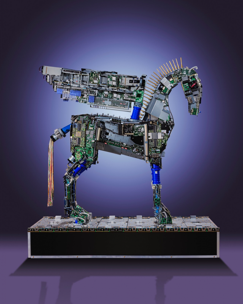 Gabriel Dishaw created Pegasus from parts and pieces of the data centers. Capital One will display the sculpture on its Knolls campus in Richmond, VA.