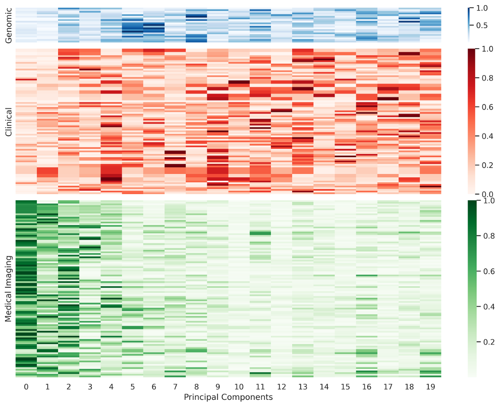 Heat map demonstrating variance explained by each feature, color-coded by domain, for the top 20 principal components