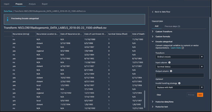Interactively encoding the Survival Status column from string to [0, 1] in SageMaker Data Wrangler