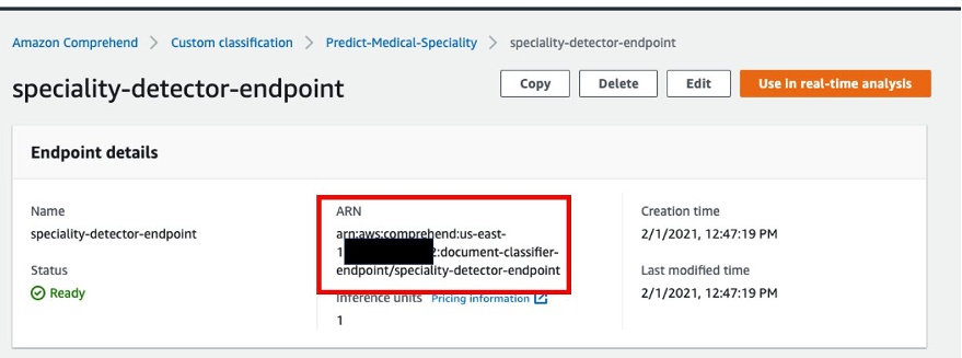 Retrieve the ARN of the Amazon Comprehend Custom Endpoint