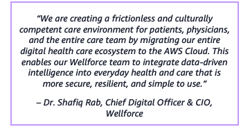 “We are creating a frictionless and culturally competent care environment for patients, physicians, and the entire care team by migrating our entire digital health care ecosystem to the AWS Cloud. This enables our Wellforce team to integrate data-driven intelligence into everyday health and care that is more secure, resilient, and simple to use.” – Dr. Shafiq Rab, Chief Digital Officer & CIO, Wellforce