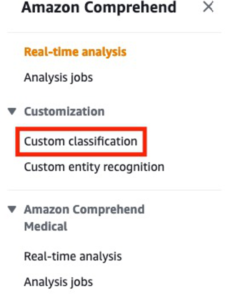 Amazon Comprehend console sidebar